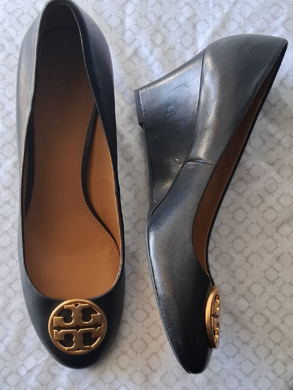 Tory Burch Black Leather Wedge Pumps with Gold Logo